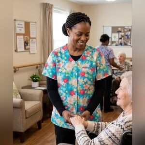 Crest Cottons Scrub Top XL Blue Tropical Floral Hibiscus Snap Front 100% Cotton